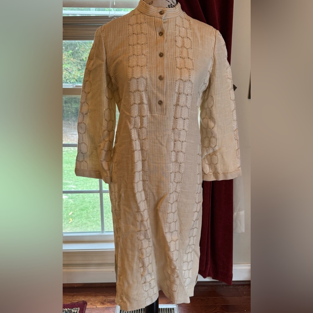 Gloria Sachs JP Allen Vintage Woven Women’s Tunic Dress Buttons Tan Cream Tweed